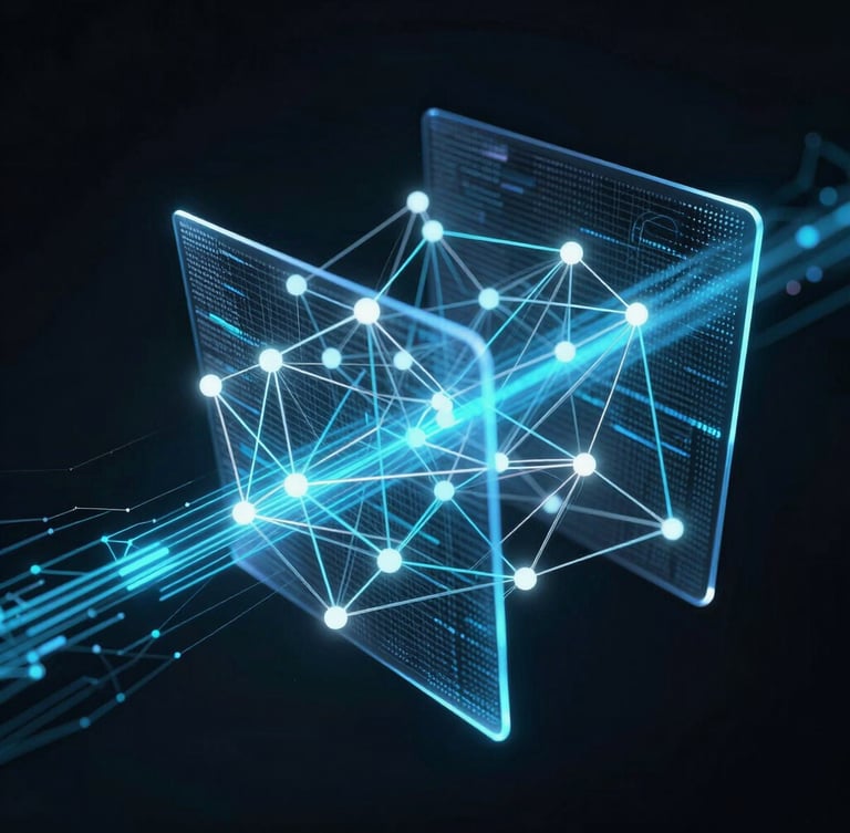 High-fidelity 3D abstract data visualization showing glowing network nodes and active digital shielding streams against an ultra-dark background, low-key lighting.