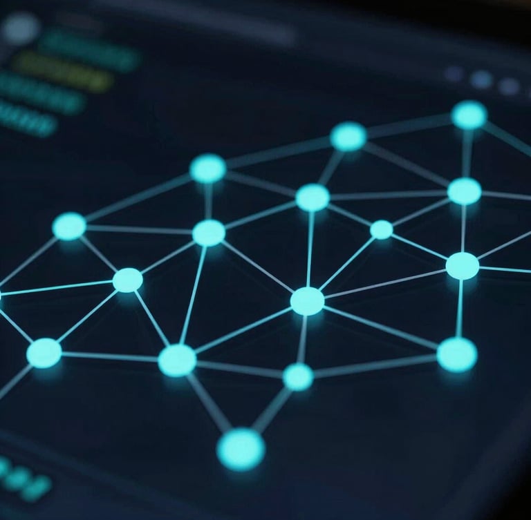 Macro close-up of a dark-mode cybersecurity dashboard showing glowing cyan network nodes and active data leak streams, high contrast, low-key lighting.