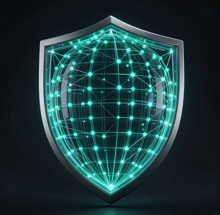 High-contrast abstract 3D data visualization of a secure digital shield, glowing teal lines forming a protective dome over data nodes