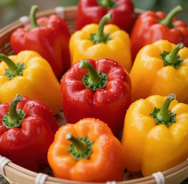 Close-up portrait of vibrant red and yellow scotch bonnet peppers in a rustic basket, warm natural daylight, shallow depth of field, 35mm lens.
