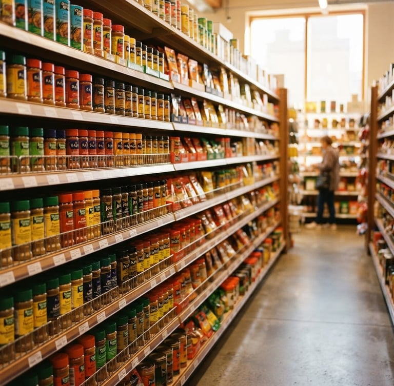 Wide shot of a pristine grocery aisle, shelves neatly stocked with colorful African and Caribbean spices and seasonings, warm natural daylight, shallow depth of field, 35mm lens