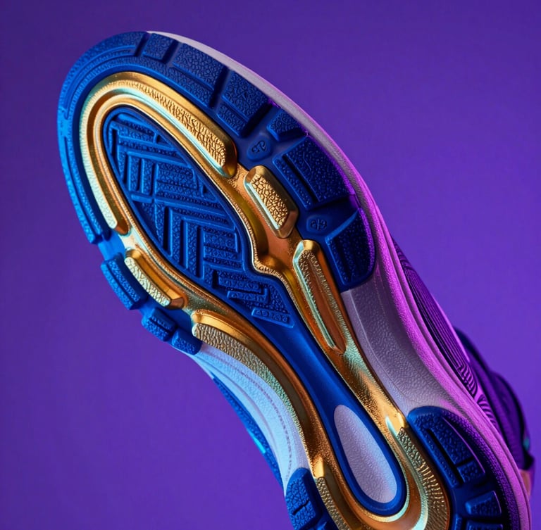 Extreme close-up of a futuristic luxury sneaker sole with metallic gold highlights, dramatic electric blue and deep purple studio lighting, high contrast, sharp focus, 85mm lens