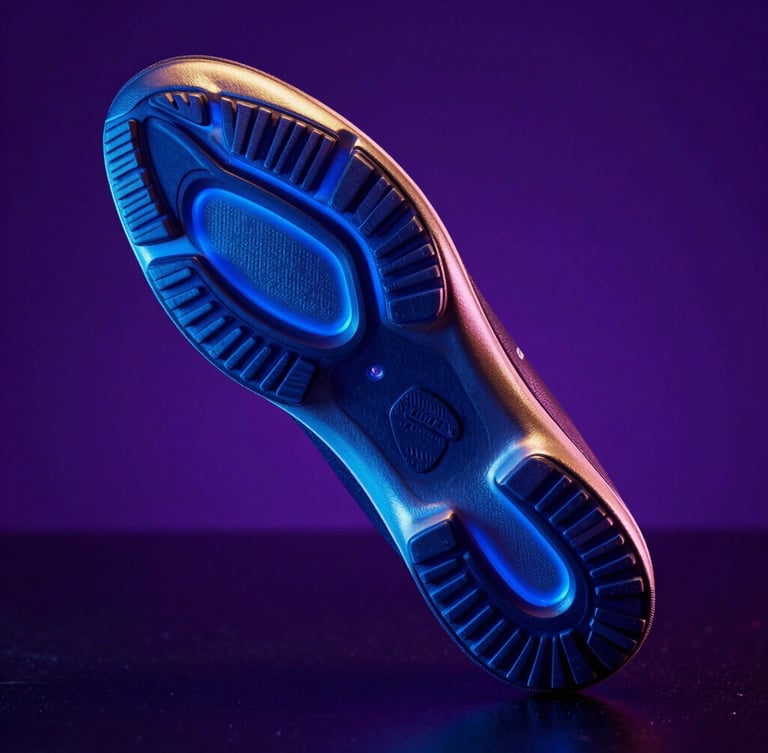 Extreme close-up of futuristic metallic shoe sole silhouette on a dark reflective surface, glowing electric blue and deep violet backlighting, sharp focus.