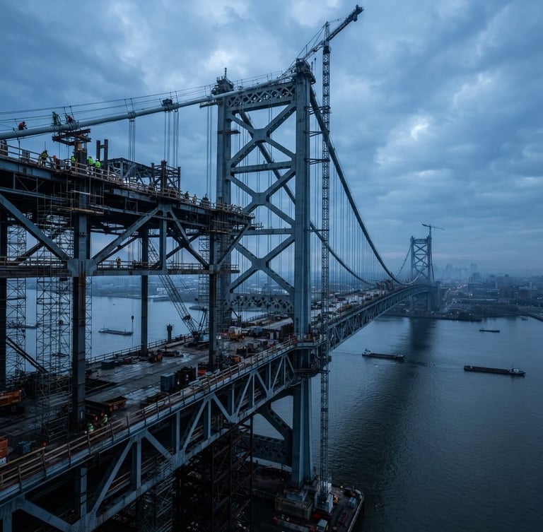 Wide-angle view of a massive bridge under construction at dawn, structural steel frames dominating the foreground, cool overcast sky, sharp focus, steel gray and deep blue tones.