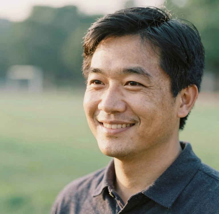 Candid close-up of a professional specialized educator smiling, soft natural golden-hour lighting, outdoor green background, 35mm film look
