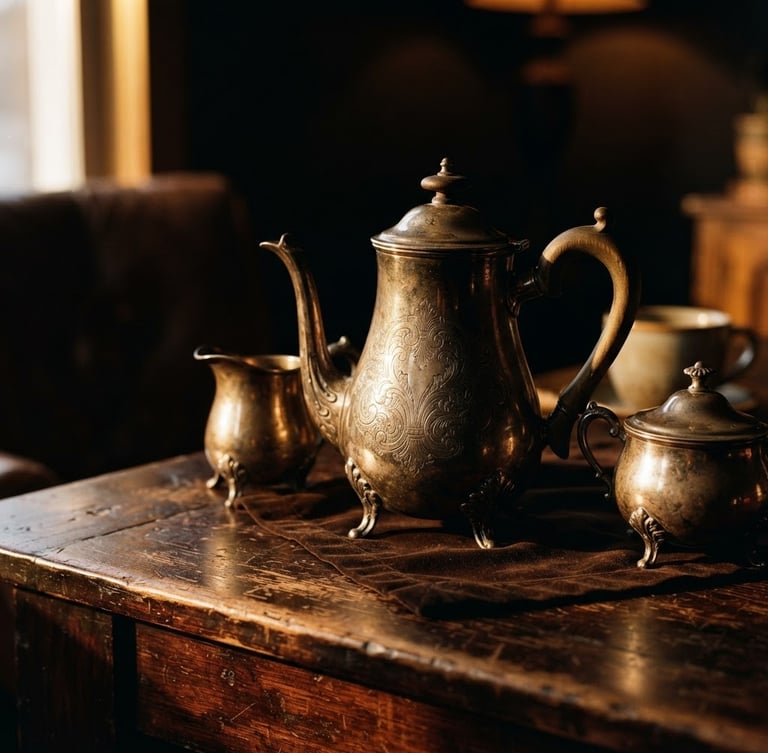Moody macro shot of vintage silver coffee service on dark mahogany table, warm golden-hour window light, dramatic chiaroscuro, 35mm film.