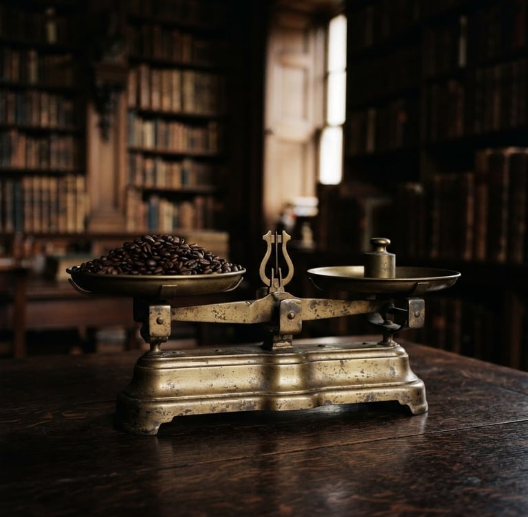 Moody editorial photography, low-key chiaroscuro lighting of a dark roasted coffee bean allocation on an antique brass scale inside a historic mahogany library, 35mm film