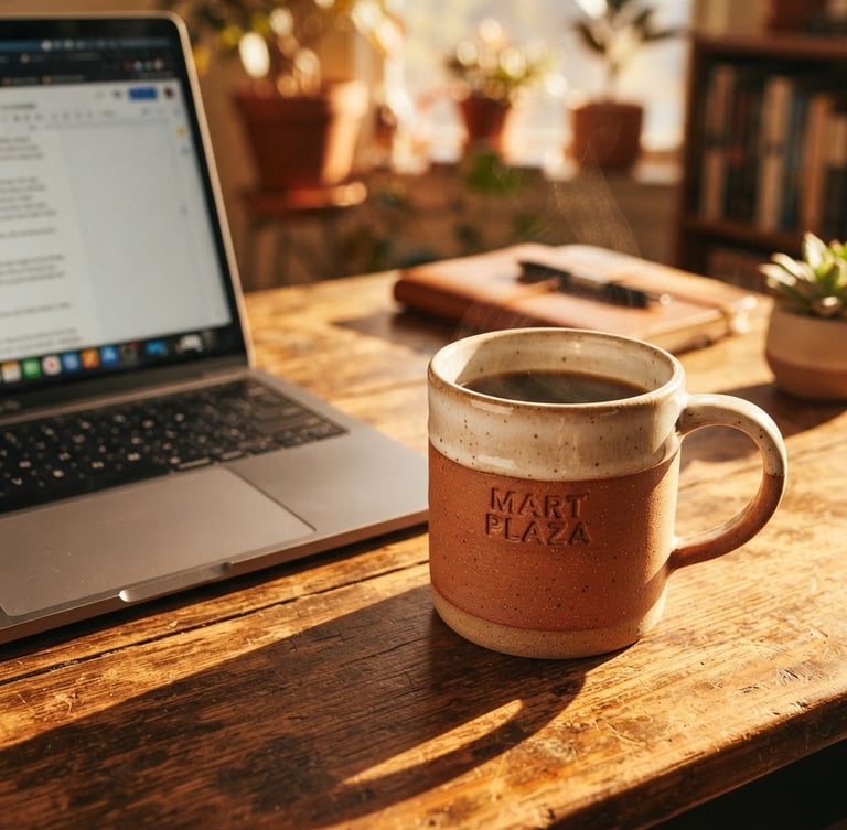 Wide, sun-drenched image, tightly cropped, showing a terracotta Mart Plaza stoneware mug on a wooden desk next to a sleek laptop, warm afternoon sunlight casting cozy shadows, shallow depth of field.