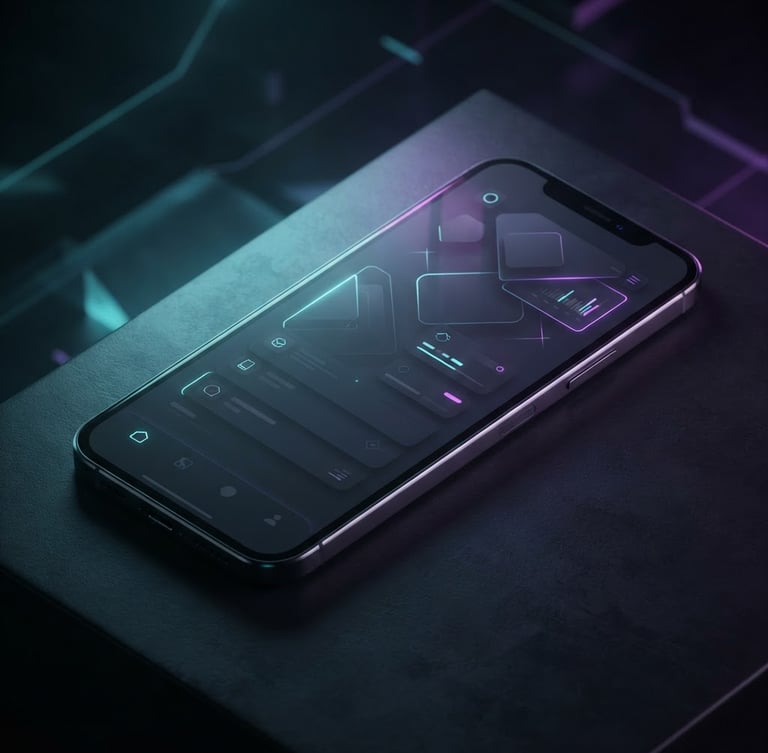 Angled isometric 3D render of a modern Android smartphone mockup displaying a clean dark-mode interface, low-key studio lighting with neon cyan and electric violet backlighting casting soft reflections on the glass screen, dark tech aesthetic, octane render