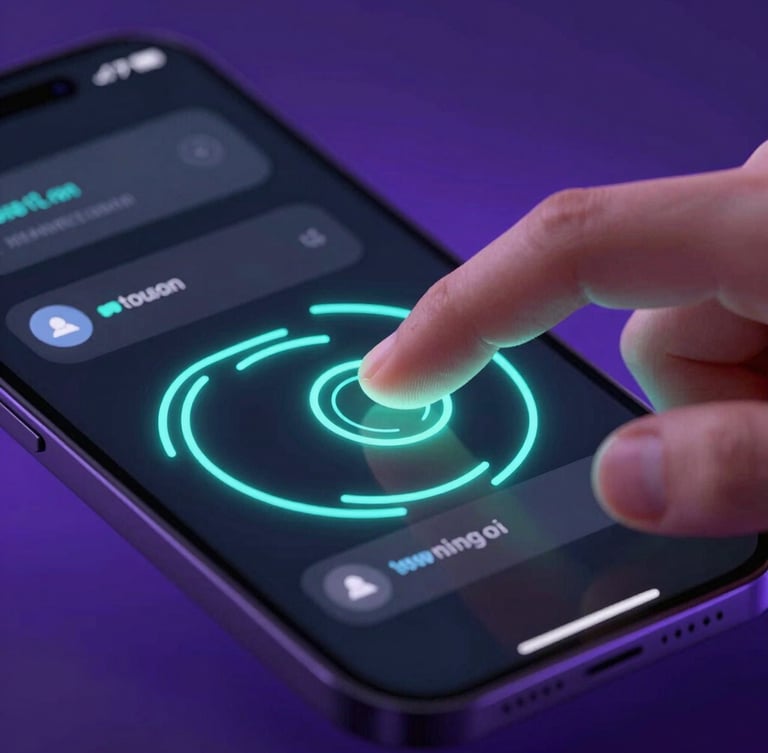 Macro close-up of a finger interacting with a sleek, dark-mode mobile interface, neon cyan glowing lines tracing the touch, low-key studio lighting with soft violet backlighting.
