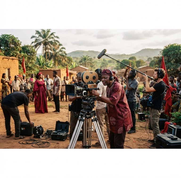 Wide panoramic behind-the-scenes film set in Guinea, a director with a vintage film camera, warm West African natural sunlight, deep red accents in the scene, cinematic depth of field, 35mm film look.