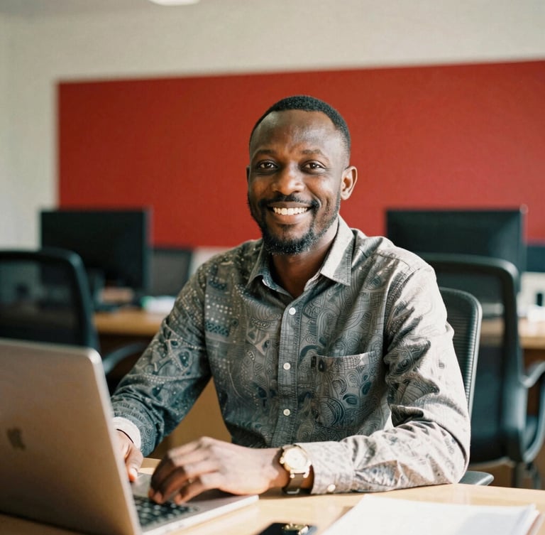 Portrait professionnel du président de la FENACIG, souriant, dans un cadre de bureau moderne avec des touches d'art africain, lumière naturelle chaude, profondeur de champ cinématique, 35mm film look.