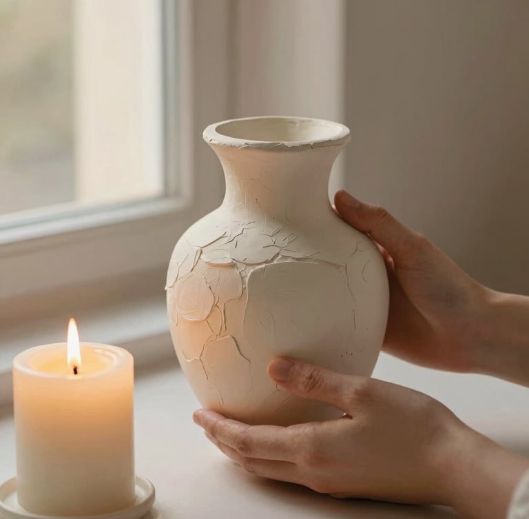 Tactile close-up of hands gently holding a raw, sculptural plaster vase next to a burning candle, warm golden-hour light, soft window shadows, muted cream tones, 35mm