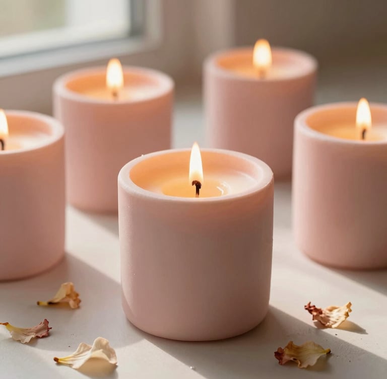 Close-up of elegant handmade soy candles in soft pink plaster vessels, warm flickering light, delicate dried flower petals scattered around, soft golden hour shadows