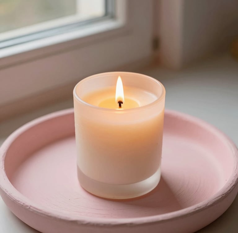 Close-up of a lit soy candle casting a warm golden glow on a soft pink plaster tray, gentle window shadows, warm editorial photography, 35mm