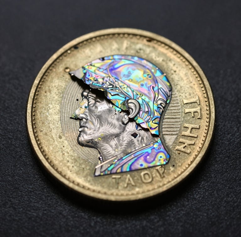 Macro flat lay of a tamper-evident holographic seal on a metallic coin, showing the self-destroying pattern peeling away under dramatic studio rim lighting.