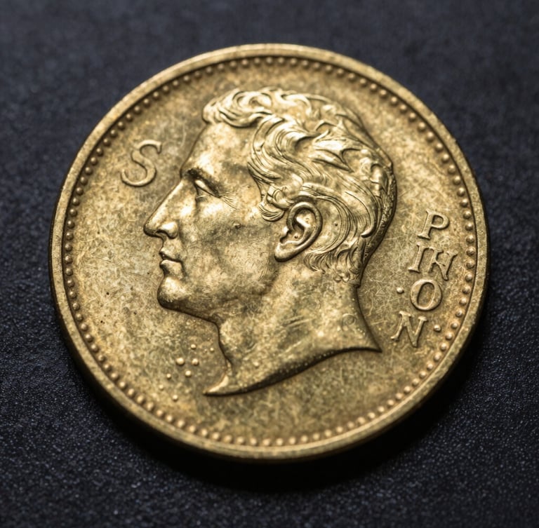 Macro photograph of a heavy gold minted coin under dramatic low-key studio lighting, sharp rim lights highlighting the deep-etched metallic engravings against a dark background.