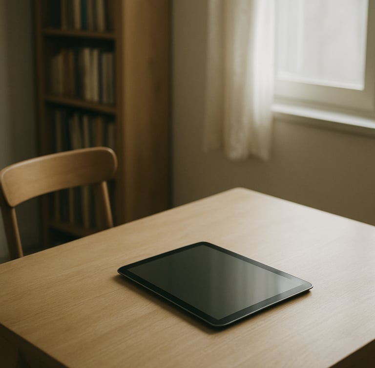 A quiet, minimalist reading room with soft morning window light illuminating an open digital tablet on a clean wooden table.