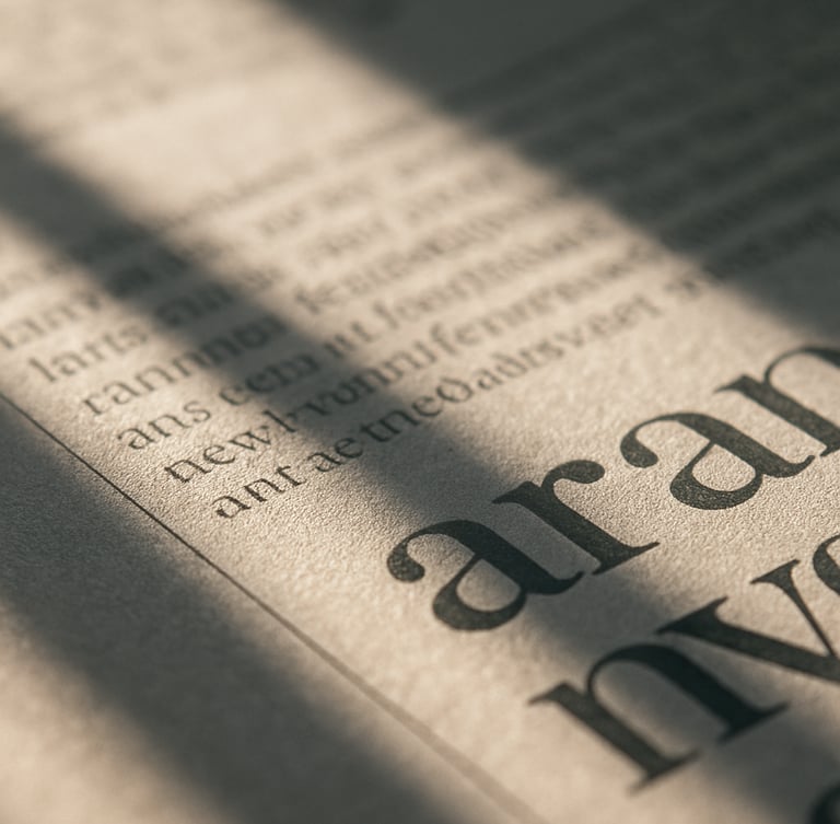 A close-up macro detail of a printed editorial page, soft morning sunlight casting long shadows across crisp typography, 35mm lens, desaturated tones.