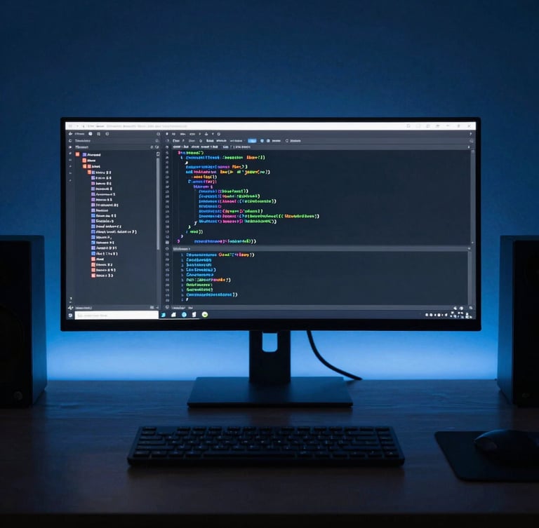 Sleek developer workspace, overhead desk layout, glowing screen showing active terminal and clean code, cool blue ambient light.