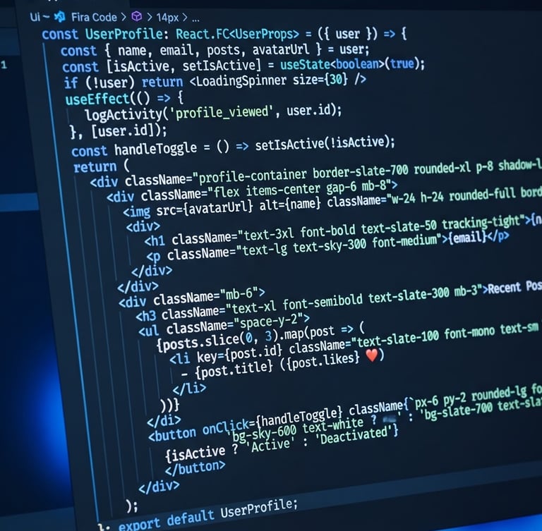 Extreme close-up of clean, well-structured React and TypeScript code on a high-resolution screen, deep slate background with a vibrant electric blue ambient glow.