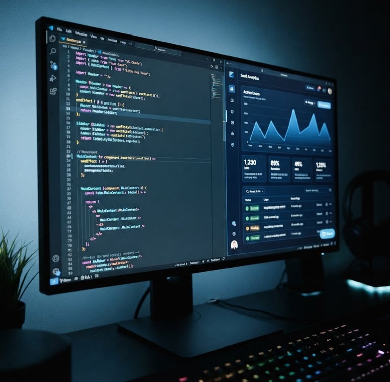 Sleek developer workspace, close-up angled shot of a high-resolution screen displaying clean React code and a modern SaaS dashboard, cool blue ambient light, dark slate tones, 35mm
