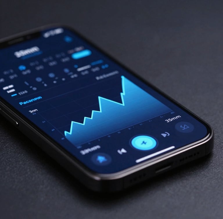 Close-up of a high-resolution smartphone displaying a custom mobile application interface with electric blue graphs, dark slate background, cool studio lighting, 35mm.