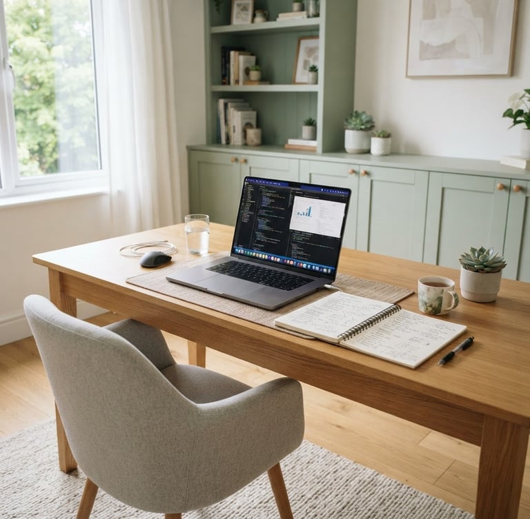 A bright, modern home office interior with soft green accents, a laptop open on a wooden desk, and a notebook with clear handwriting.