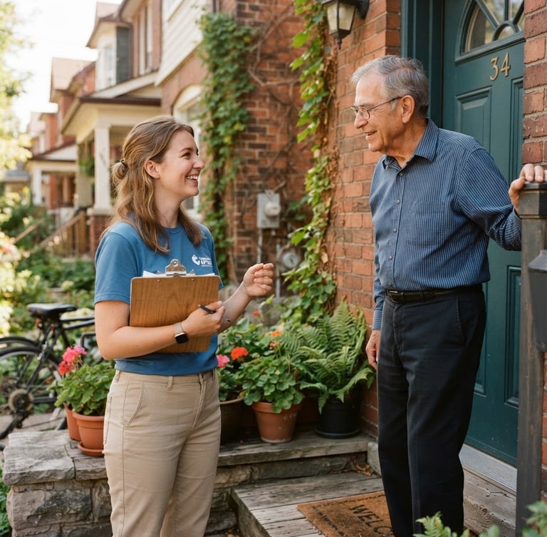 A warm documentary portrait of a young woman volunteer with a clipboard, smiling warmly while talking to a resident on a sunlit doorstep, natural outdoor daylight, rich authentic tones, 35mm lens.