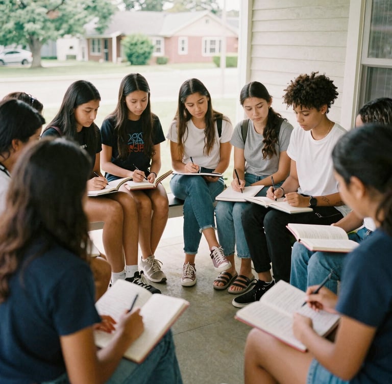 A wide shot of a diverse group of young women and youth gathered on a sunny porch, actively discussing community plans with notebooks open, natural daylight, candid 35mm photography.