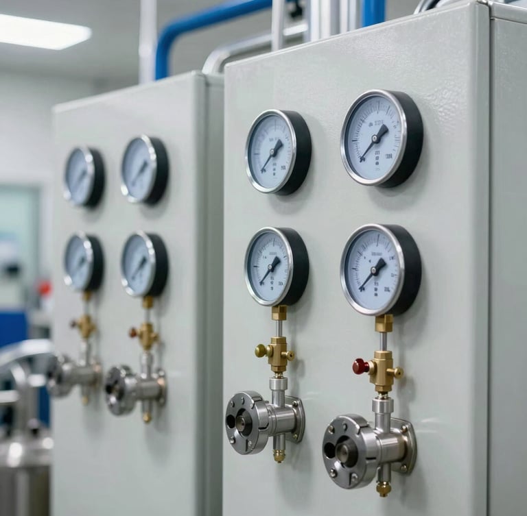 Close-up of industrial RO plant control panel with digital flow meters and pressure gauges, sharp focus, clean bright factory lighting, polished stainless steel equipment.