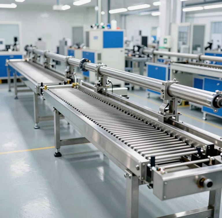 Wide shot of a clean industrial factory assembly floor with polished stainless steel RO skids in various stages of assembly under bright studio lighting, no people visible.