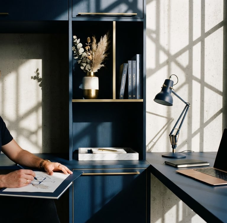 Sharp architectural detail of a modern creative studio, bright daylight with geometric shadows, deep navy and gold accents, minimalist interior, 35mm