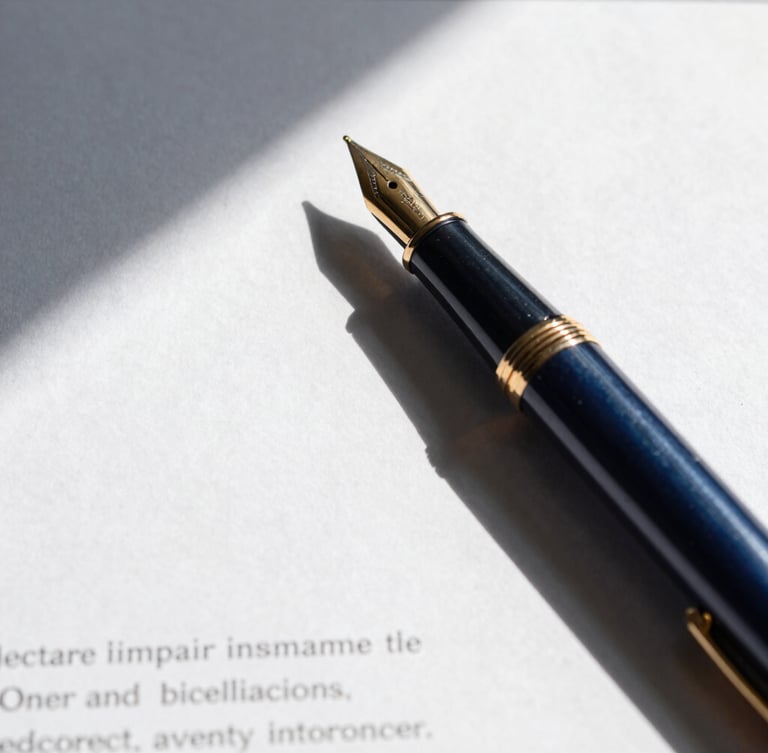 Close-up of a fountain pen resting on a structured contract, heavy paper stock, crisp daylight, geometric shadows, deep navy and gold accents