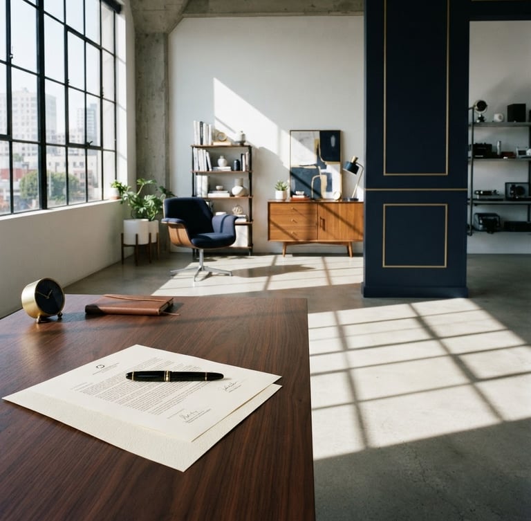 Wide architectural angle of a modern creative studio interior, crisp high-contrast daylight, sharp geometric shadows on polished concrete, a single fountain pen resting on a structured legal document on a dark wood desk, deep navy and gold accents.
