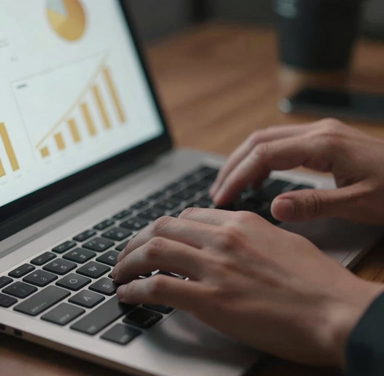 Macro close-up of a modern workspace, hands typing on a sleek keyboard, a tablet displaying analytics charts with gold highlights nearby, dramatic low-key lighting