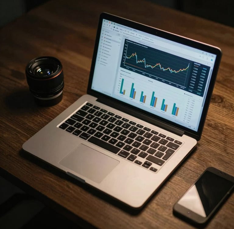 Overhead clean workspace with a high-end laptop showing analytics graphs, dramatic low-key lighting with subtle gold backlighting