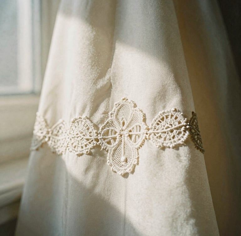 Extreme close-up of delicate hand-stitched lace applique on heavy ivory silk, soft directional natural light, deep soft shadows, 35mm film grain.