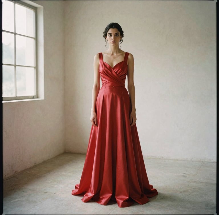A high-fashion editorial portrait of a modern Sangjit bridal gown in heavy crimson silk, standing in a minimalist concrete courtyard, soft natural window light, muted cream tones, 35mm film grain