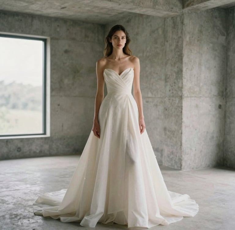 Editorial high-fashion bridal gown portrait, model in a minimalist concrete architectural space, soft natural window light, muted cream tones, sharp focus, 35mm film grain.