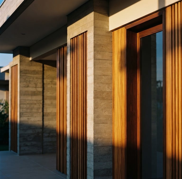 Close-up of modern Brazilian concrete architecture, warm golden-hour light casting long shadows on tropical wood panels, sophisticated editorial photography, 35mm