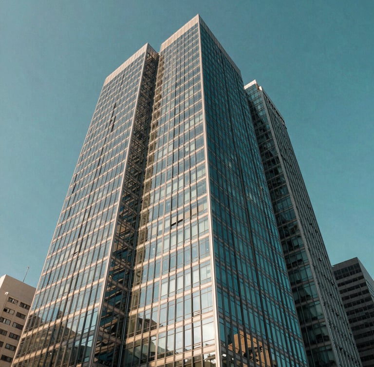 Low angle panoramic shot of high-altitude corporate architecture in São Paulo, sharp glass reflections against bright daylight, deep teal sky tones, 35mm lens.