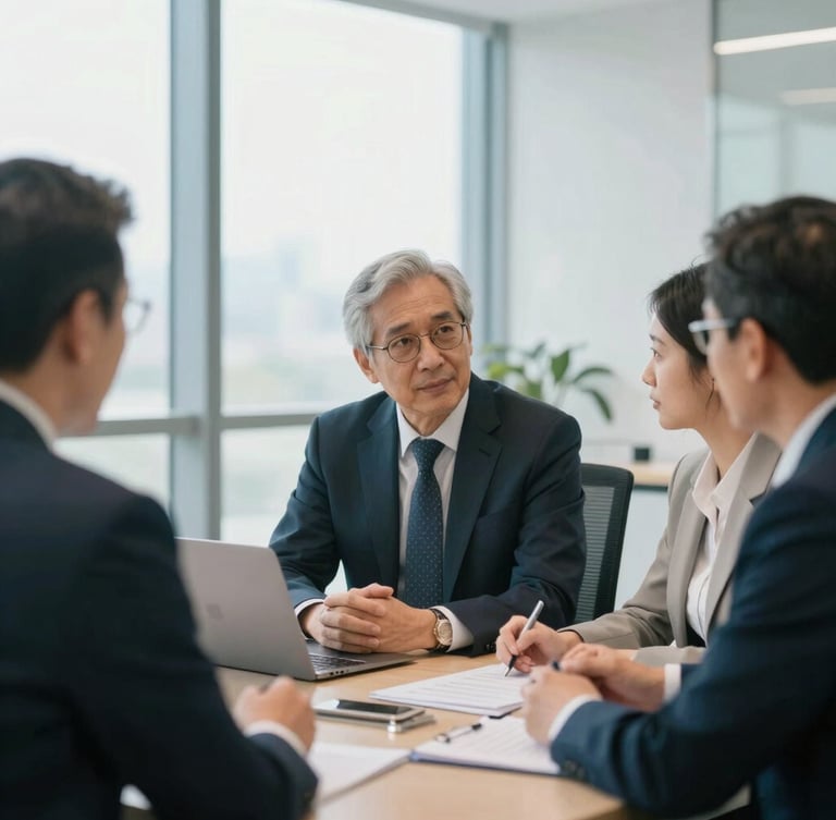 Professional interaction in a modern corporate boardroom with natural light, off-center medium close-up of senior executives collaborating, sharp focus, 35mm.