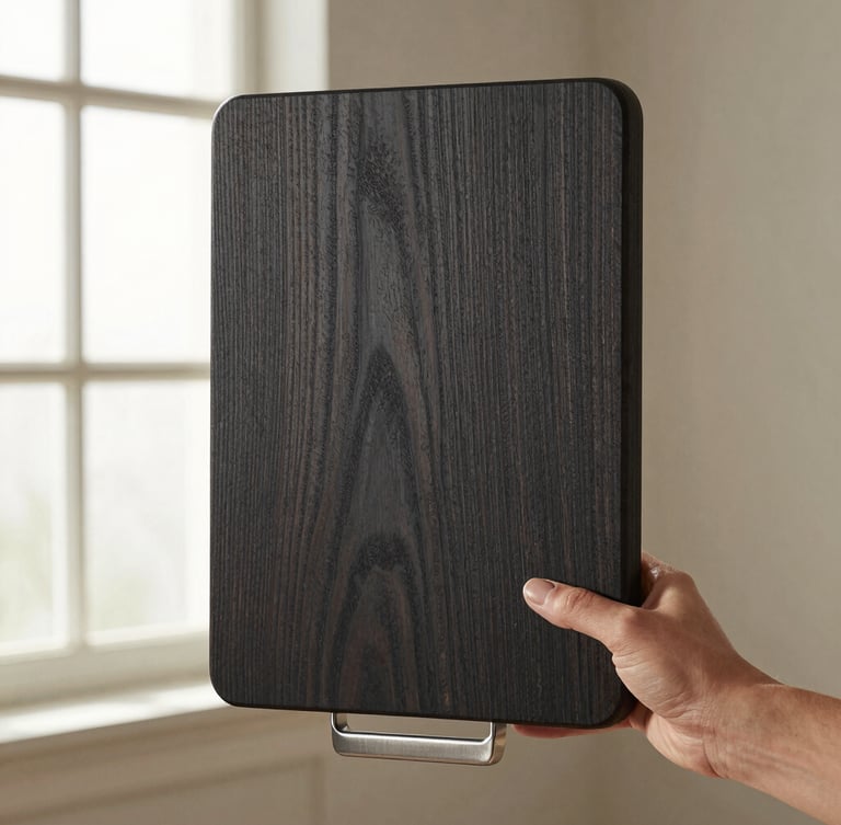 Hands holding a heavy, textured oiled oak cutting board with a brushed steel handle, soft directional window light