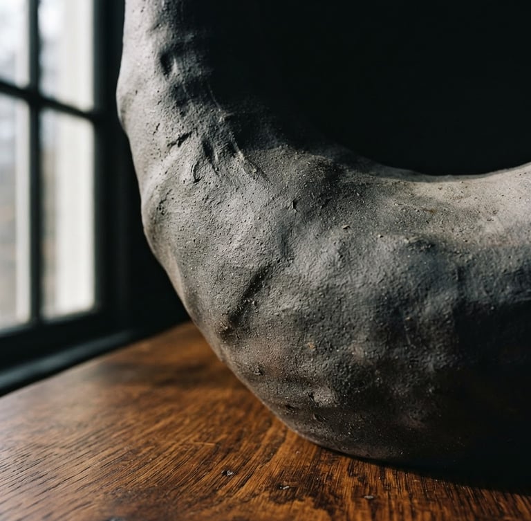 Extreme close-up of a sculpted matte ceramic vase on an oiled oak table, dramatic architectural window light, deep charcoal shadows, sharp focus, 35mm