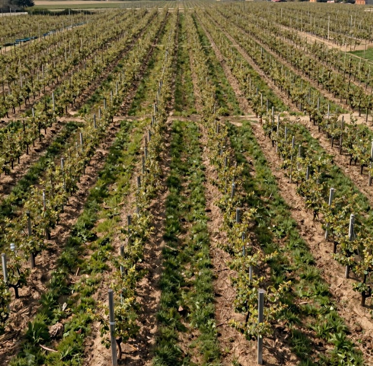 Wide shot of structured orchard rows after professional pruning, clean cut-lines, direct daylight, raw environmental look