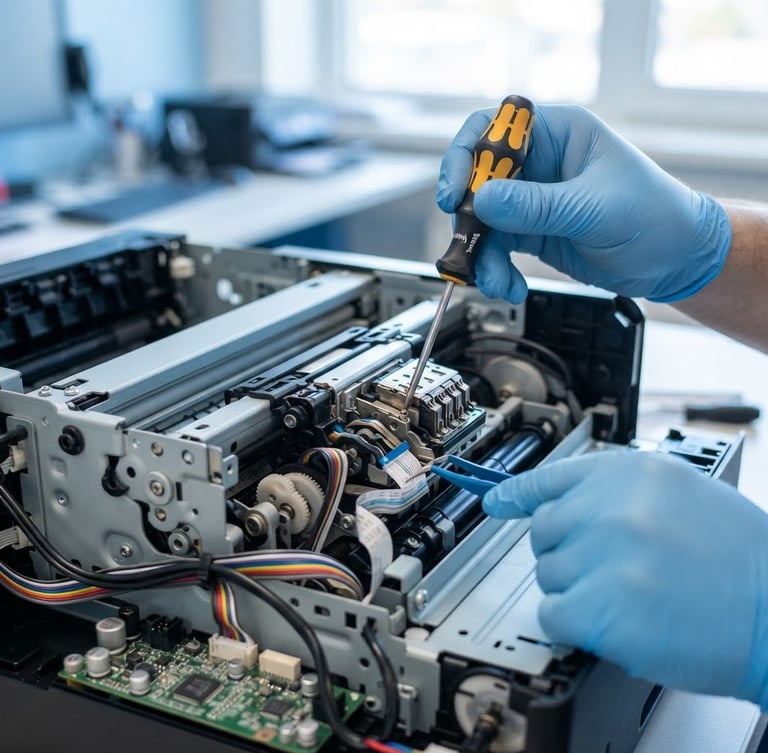 Close-up of technical hands adjusting internal printer components with precision tools, bright natural office light, cool blue and white tones, sharp focus, professional depth of field