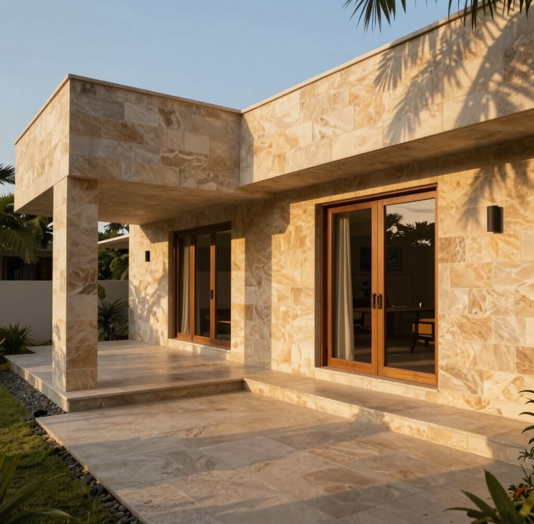 Wide-angle architectural photograph of a sun-dappled modern villa veranda in Siolim, shadows of palm leaves on laterite stone walls, warm golden hour light.