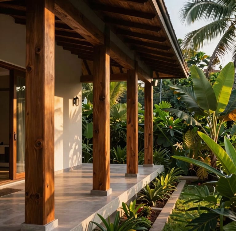 A striking architectural shot of a modern Goan villa veranda at golden hour, sun-dappled teak wood pillars, lush tropical greenery framing the right third