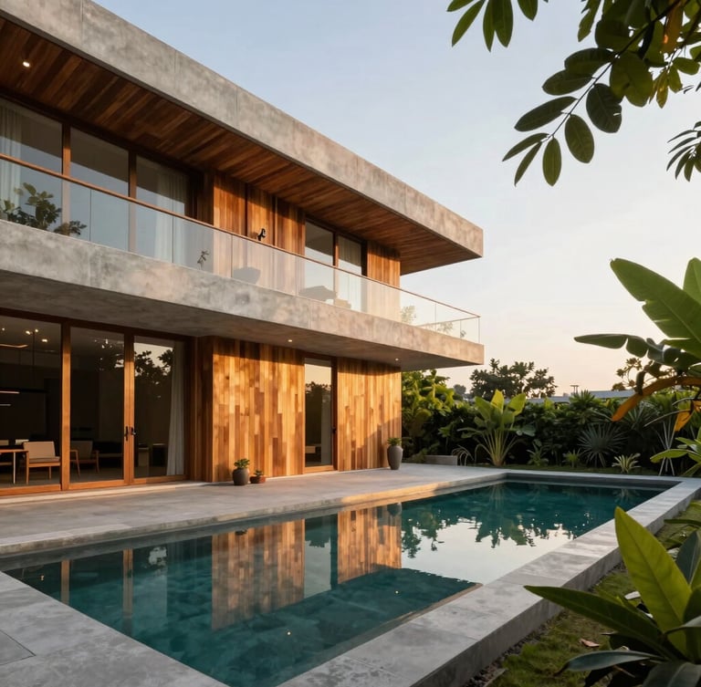 Wide-angle architectural shot of a modern minimalist villa in Alibaug, warm late-afternoon golden hour light reflecting off a private pool, clean concrete and teak wood finishes, lush green foliage framing the right side.